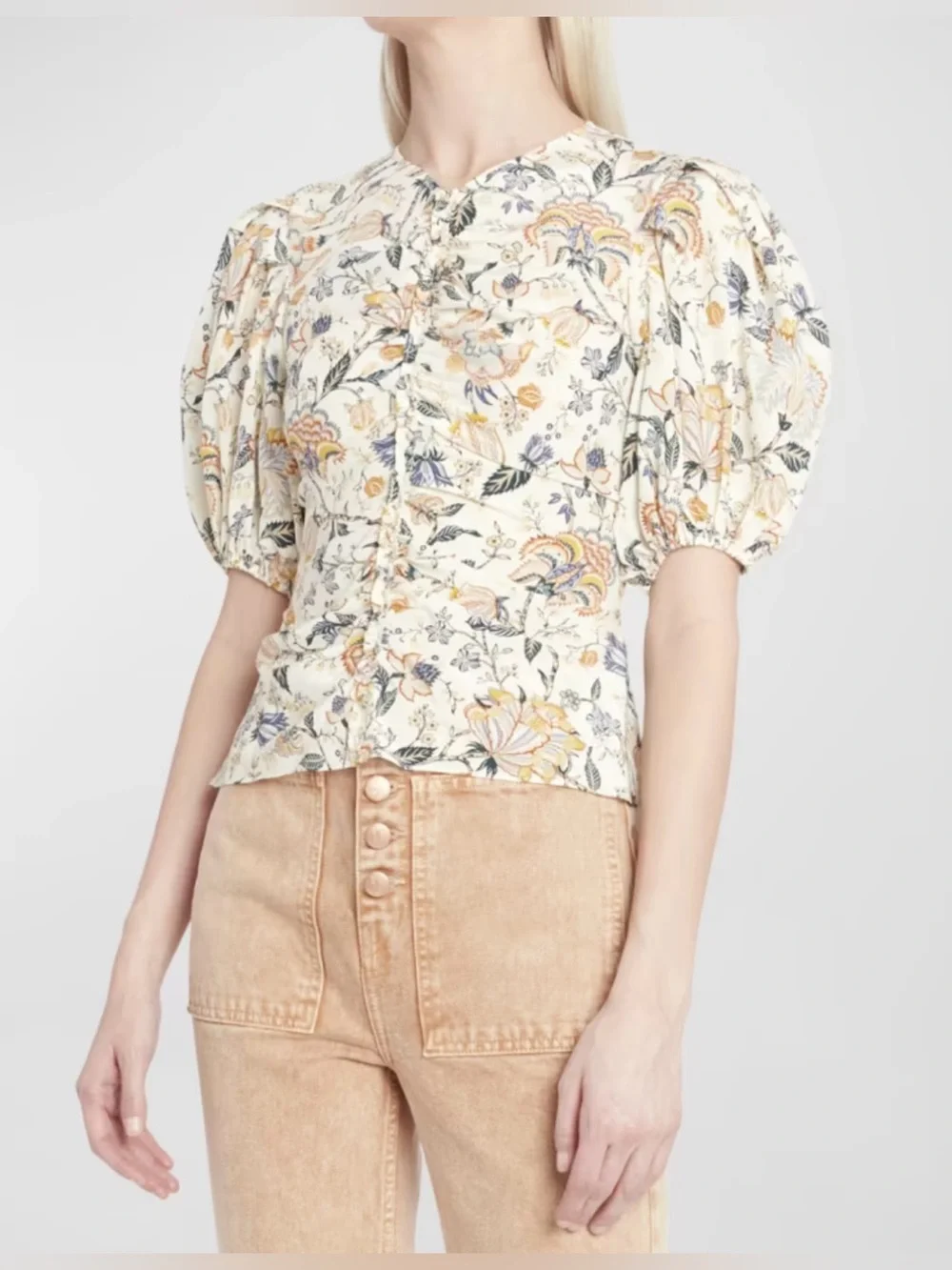 Ulla Johnson Cream Multicolor Floral Silk Puff Sleeve Blouse - Size 16